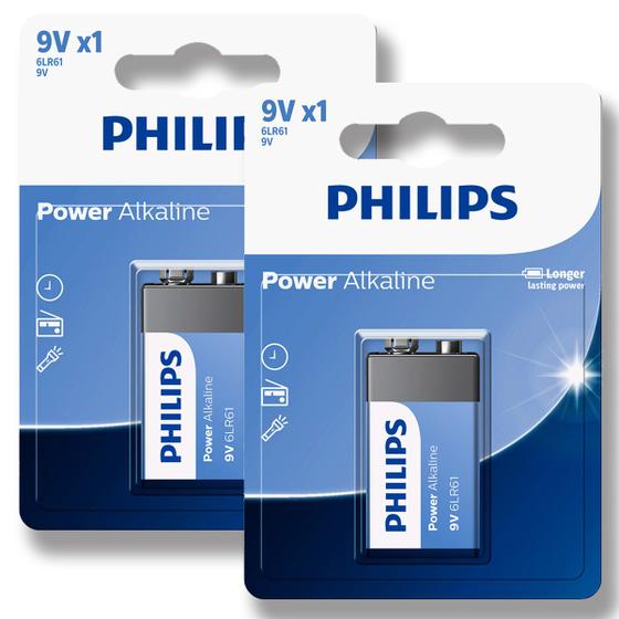 02 Pilhas Baterias 9v Alcalina Philips 9 Volts 6LR61 6F22 2 Cartelas