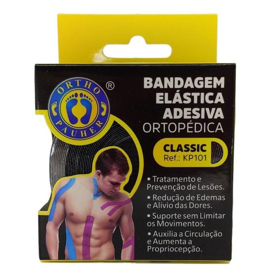 Fita Kinesio Classic Tape Ortho Pauher Adesiva KP101 Preto Bandagem