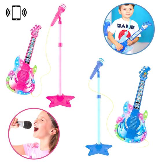 Guitarra Microfone Pedestal Musical Infantil Luzes Conecta No Celular