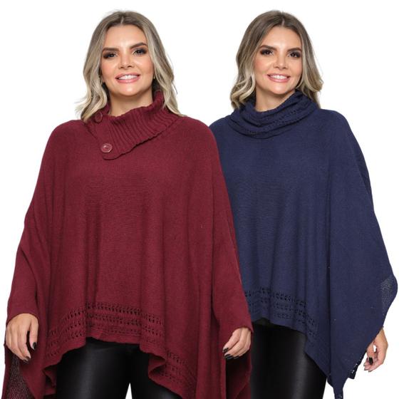 Kit Poncho Feminino Tricot Liso Gola Alta Casaco L Inverno Gip