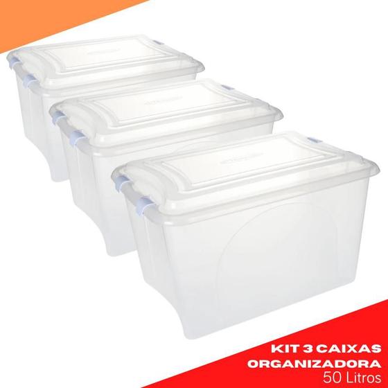 Kit 3 Caixas Organizadora Branco Transparente Plasvale 50 Litros