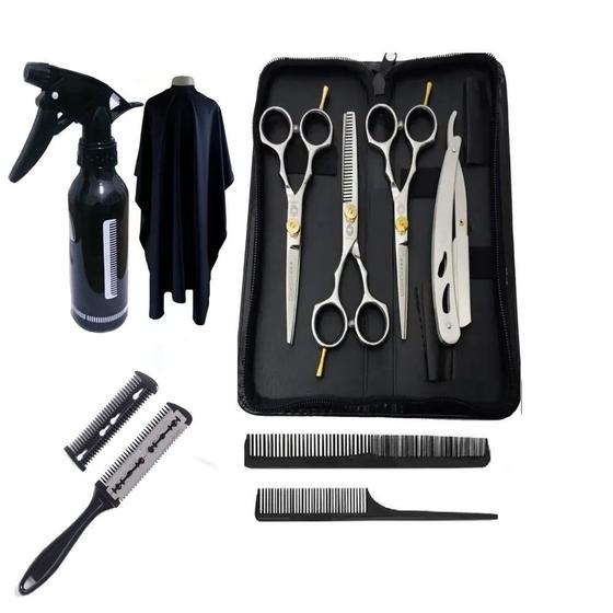 Kit Barbeiro Tesouras Navalha Capa Borrifador Profissional Good