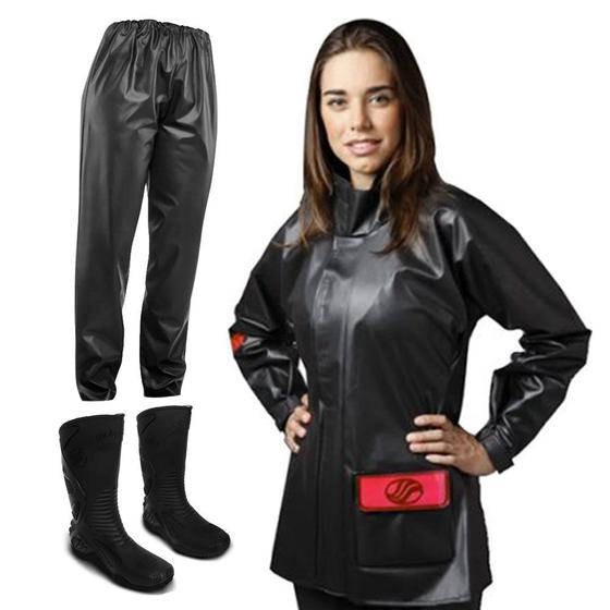 Kit Capa De Chuva Feminina Alba Europa Bota Motosafe Pvc Motociclista