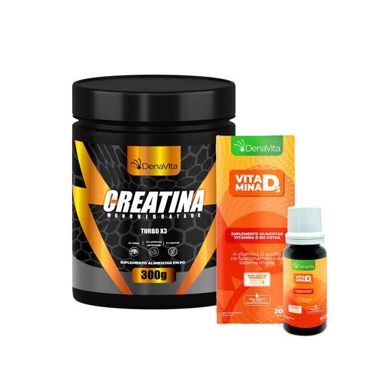 Kit Creatina Monohidratada Turbo X3 300g Vitamina D3 20ml Denavita