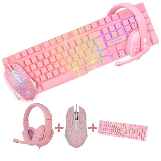 Kit Gamer Completo Teclado Mouse Headset Rosa Evolut Kit Teclado E