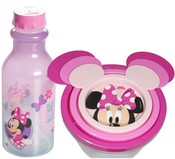 Kit Infantil Porta Lanche Menina Minnie Rosa 4 Itens Disney Plasutil