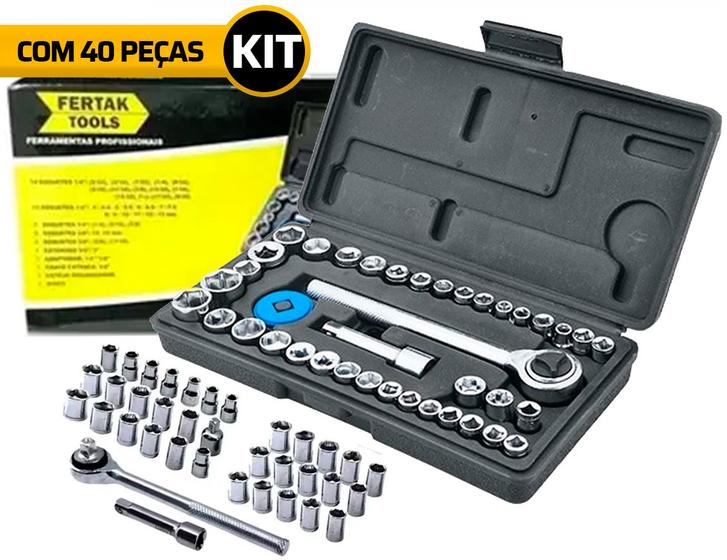 Kit Jogo Soquetes Sextavado C Catraca 40 Pcs Reversível Fertak