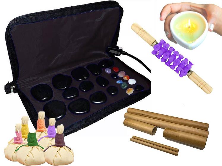 Kit Para Massagens Pedras Quentes Bambus Pindas E Vela