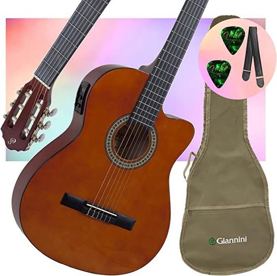 Kit Violão Giannini Elétrico Nylon NF14 NT Flat Natural Capa Bege e