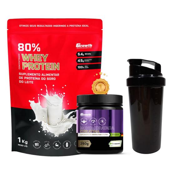 Kit Whey Growth 1kg Creatina Creapure 100g Coqueteleira Growth