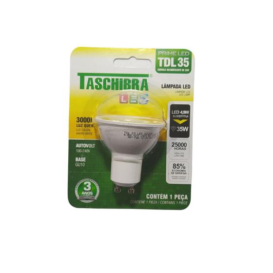 Lampada led dicroica mr16 tdl 35 4 9 w 3000k gu10 Taschibra Lâmpada