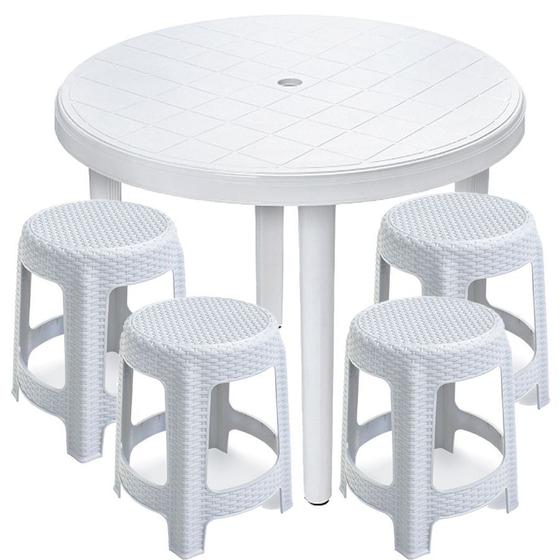 Mesa Plástica Redonda Desmontável Branca 4 Banquetas Rattan Arqplast