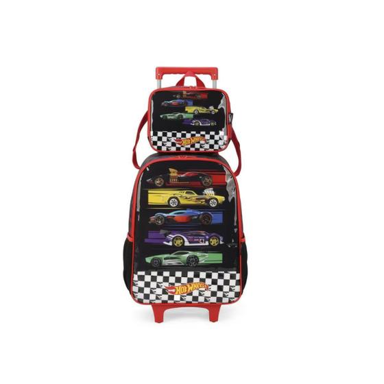 Mochila De Rodinhas E Lancheira Hot Wheels Preto Luxcel Kit Mochila