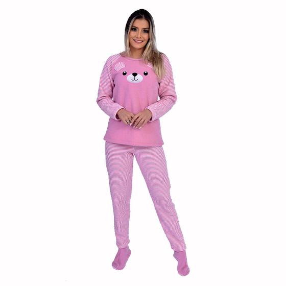 Pijama Feminino De Frio Plush Inverno Quentinho Urso E Pantufa Cia Da