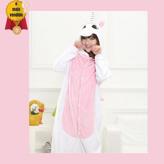 Pijama Unicórnio De Asa Branco Rosa Adulto Kigurume A Pronta