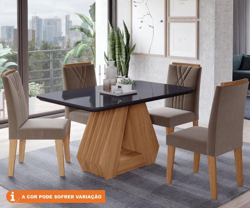 Conjunto Sala De Jantar Agata 130X80 Tampo MDF Vidro 4 Cadeiras Nicole