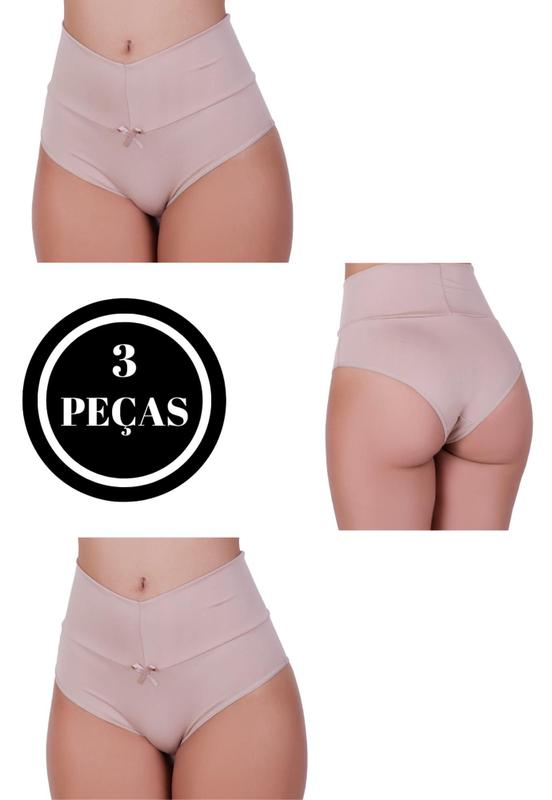 Kit 3 Calcinha Cós Alto Segura Barriga Tanga Modeladora Pós Parto