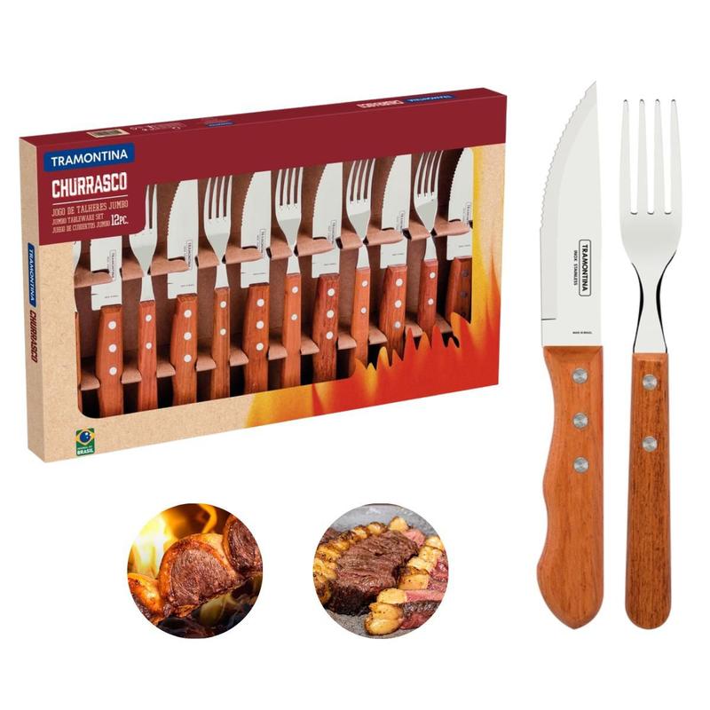 Kit Churrasco Jogo De Talheres Jumbo Cabo De Madeira Pe As