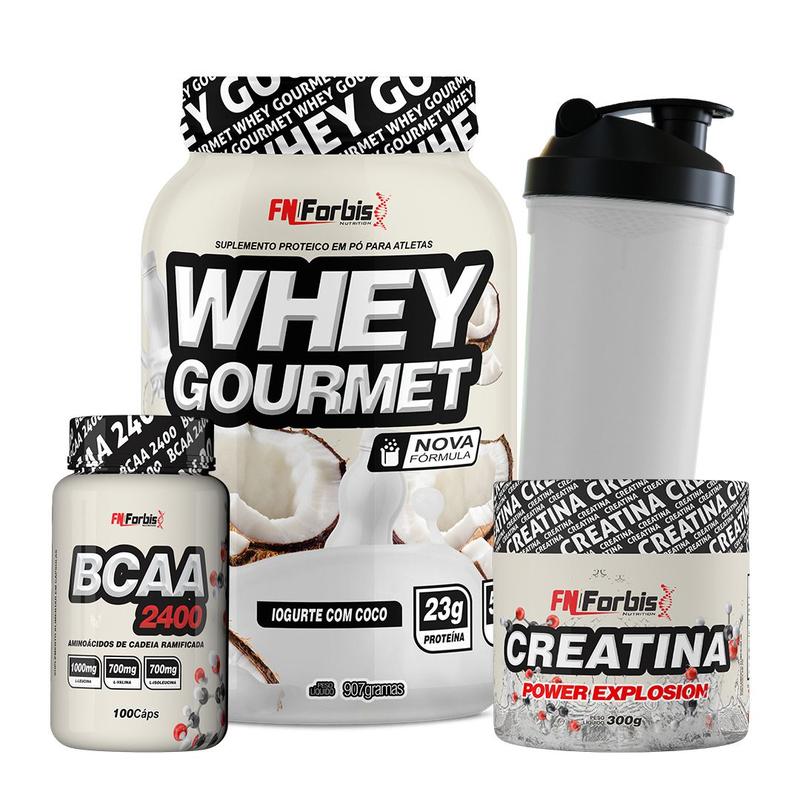 Kit Whey Protein Gourmet Creatina 300g BCAA 100 cáps Coqueteleira