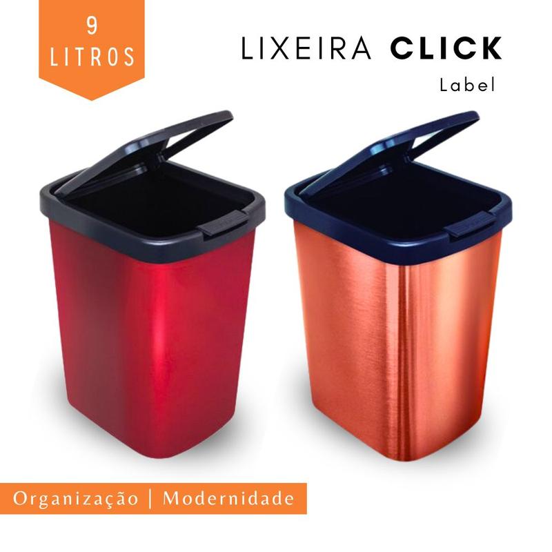 Lixeira Cesto 9 Litros Click Label Cozinha E Banheiro Inox ARQPLAST