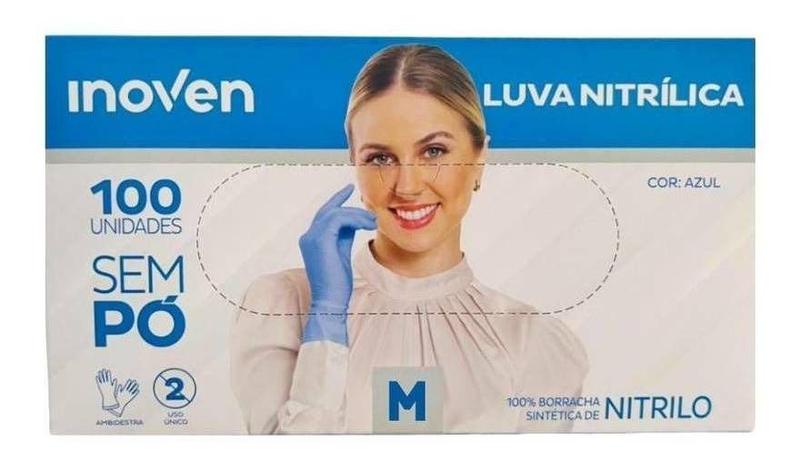 Luvas Descartáveis Antiderrapantes Inoven Cor Azul Tamanho M De Nitrilo