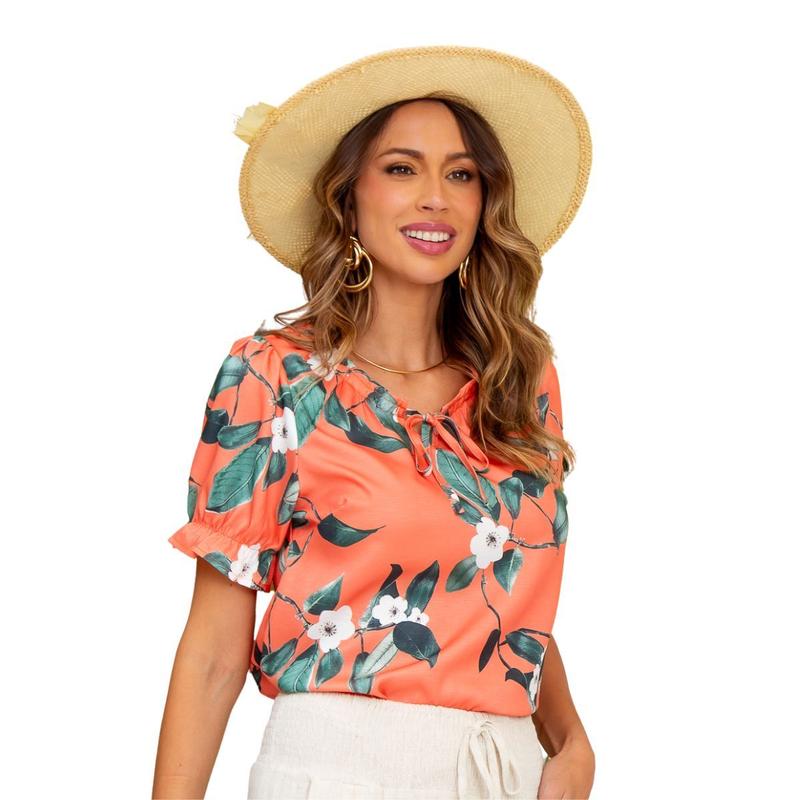 Blusa feminina manga curta estampa tropical com renda em crepe