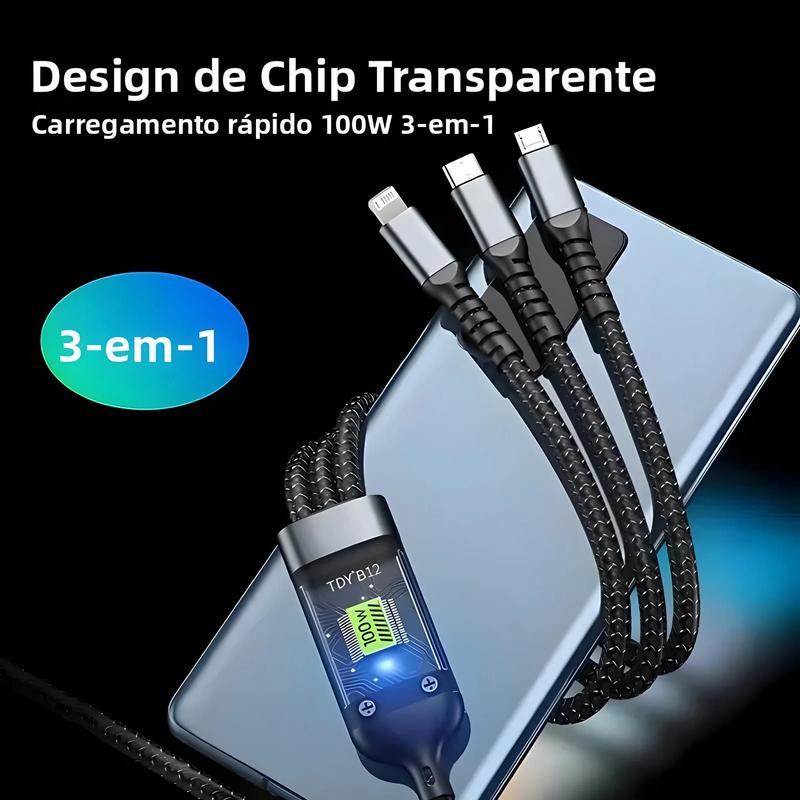 Cabo De Carregamento Super Rápido 100W 3 Em 1 Com Lâmpada Piloto Transparente Para Samsung Huawei - chtun - Cabo para Celular - Magazine Luiza