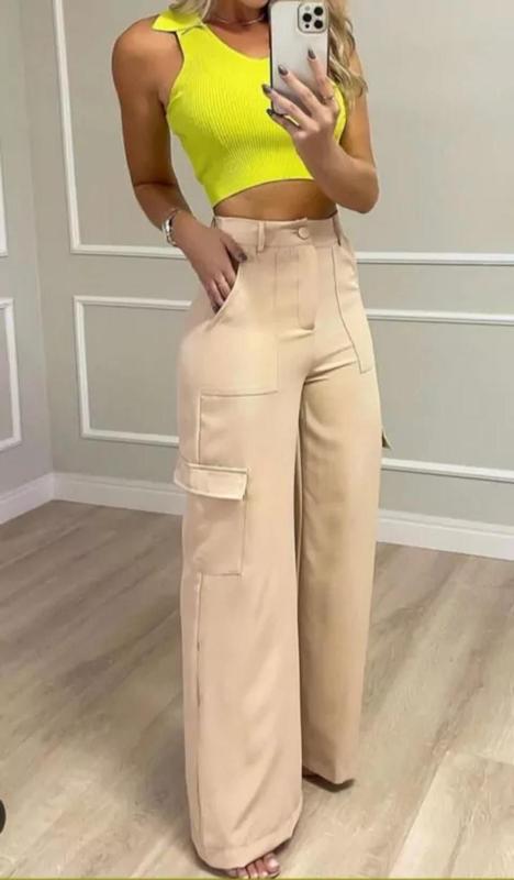 Calça Cargo Com Bolsos Larga Feminina Wed Legging Pantalona