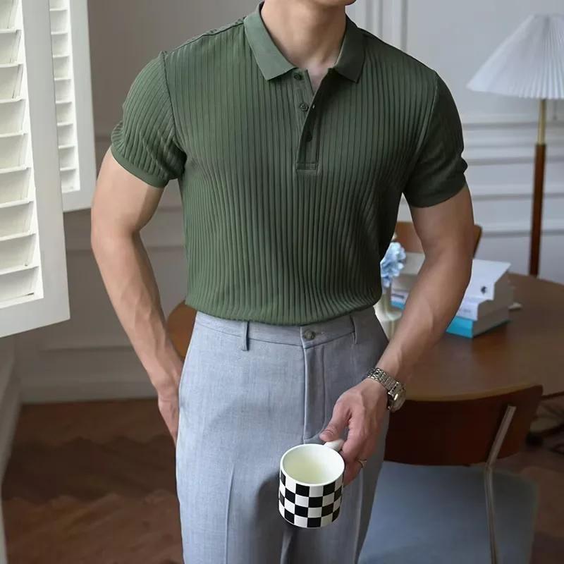 Camisa Polo Masculina Slim Fit De Cor Sólida Com Listras ...