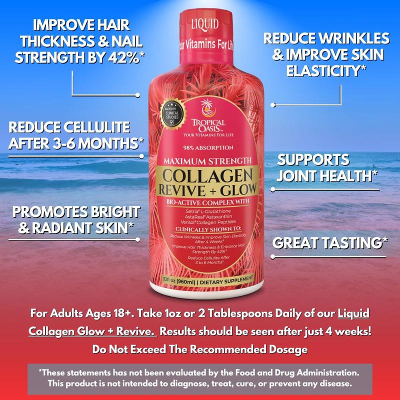 Colágeno líquido Glow Tropical Oasis 5000 mg com biotina 32 Serv - Ômega 3