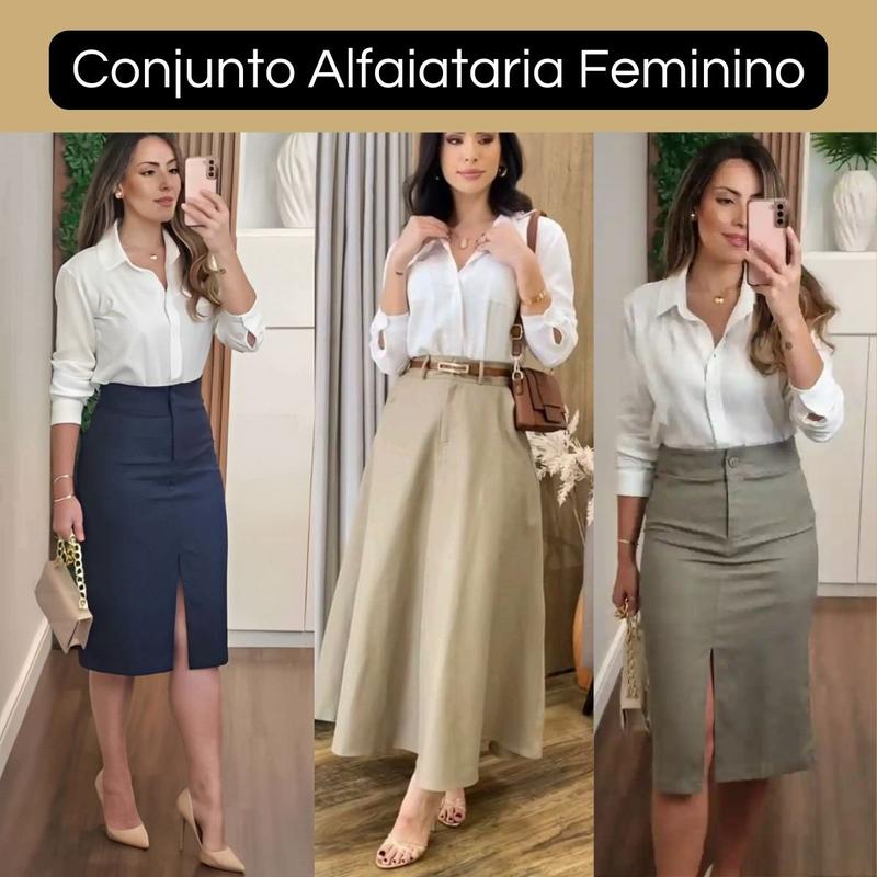 conjunto feminino com saia midi alfaiataria e camisa social manga