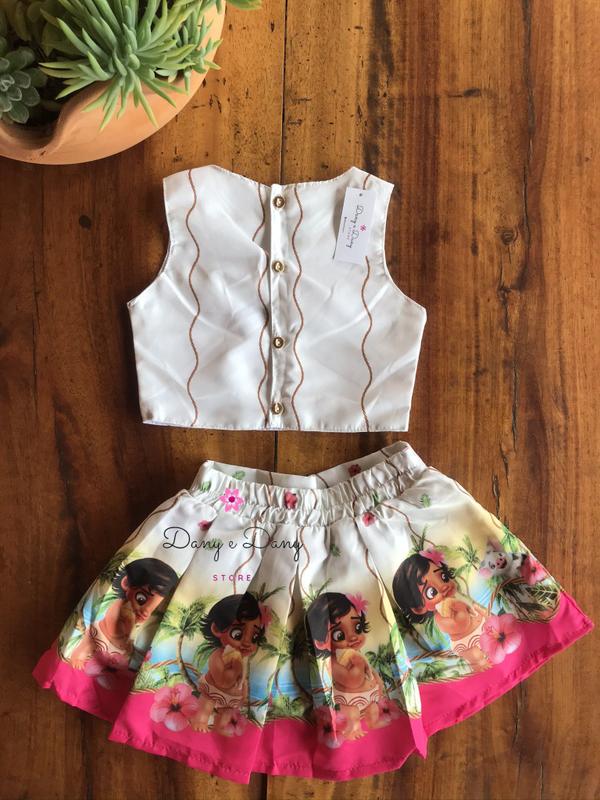 Jardineira Moana Romper Saia Bebê Bodie Temático Vestido