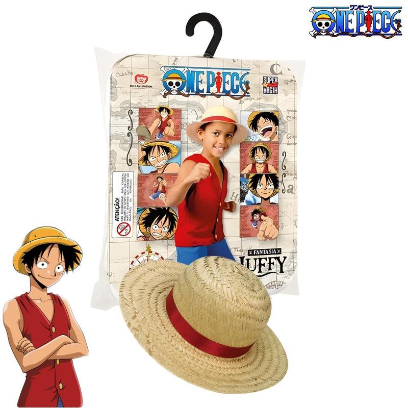 Fantasia Luffy C/ Chapéu One Piece Traje Infantil Roupa Mangá