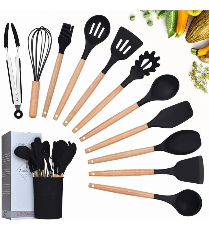 Jogo 11 Colheres De Silicone Cabo Madeira Utensílios Cozinha - VRS