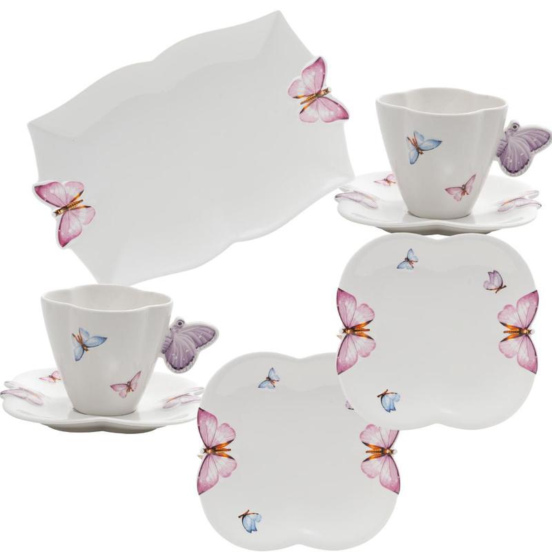 Jogo de 6 Xícaras de Café Reta 50 ml com Bule Chaleira Porcelana