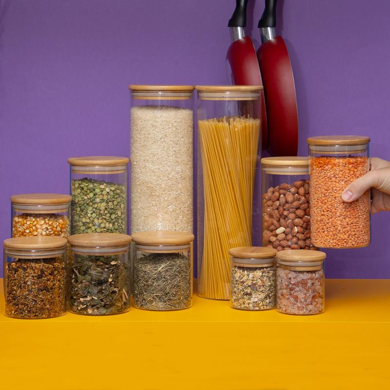 Kit 11 Potes Vidro Tampa De Bambu Herméticos Redondos – Tüd