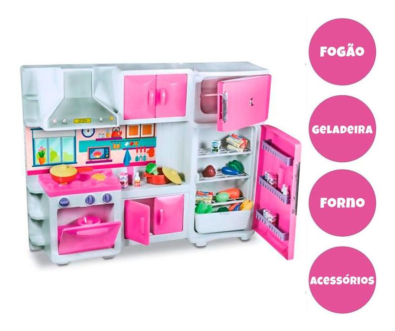 Jogo De Cozinha Barbie Meninas Rosa Grande Kit Completa Luxo Geladeira  Fogao Panelinhas Luzes Infantil Armário