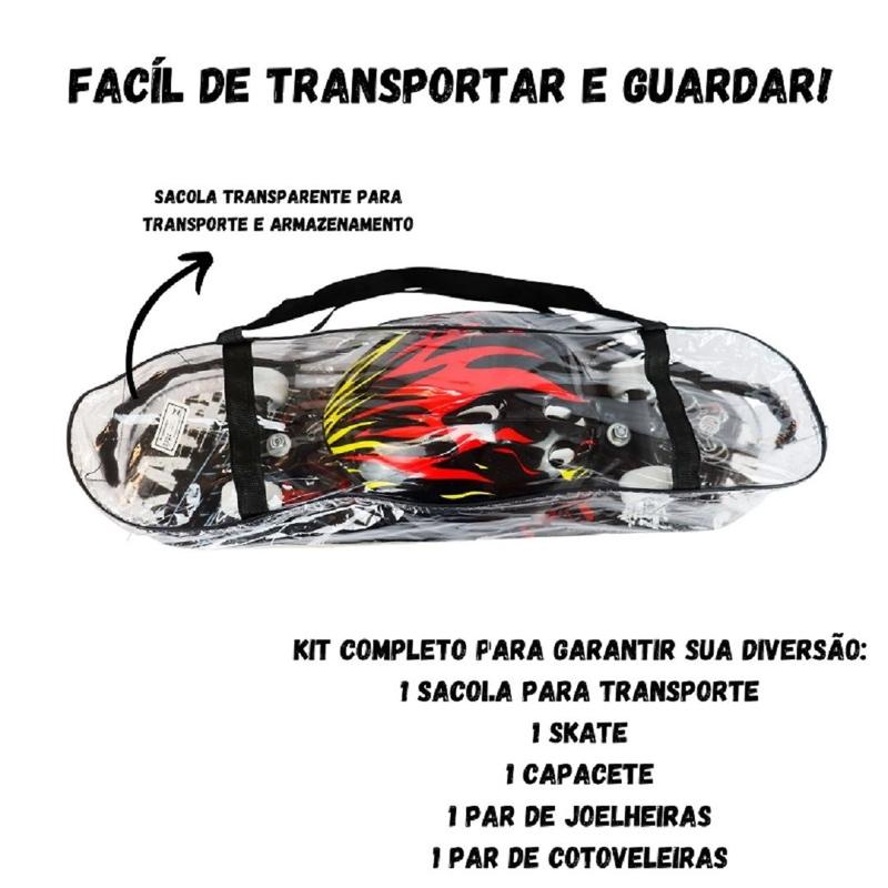 Kit Skate Infantil Capacete Joelheira 60cm Cotoveleira Skate