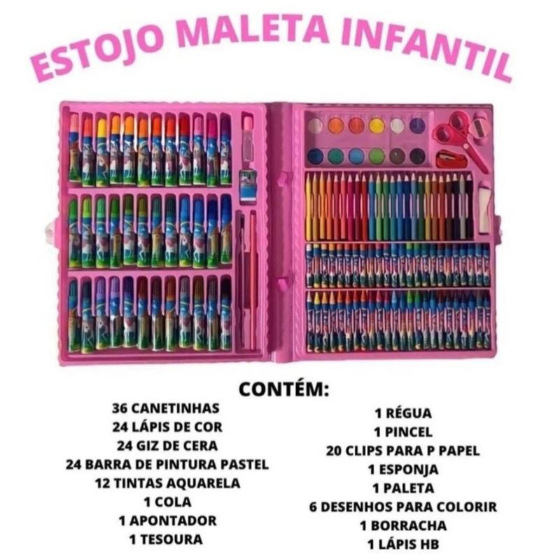 Estojo Completo De Pintura Infantil Com 150 Peças + 30 Desenhos Kit Escolar  Maleta Presente Criança Desenhar Pintar Giz de Cera Tinta Lápis de Cor Para  Menina Rosa Feminino