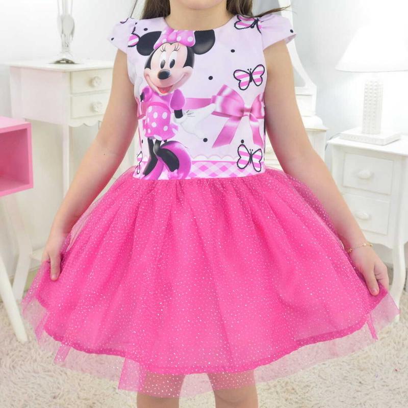 Vestido da Minnie Rosa Saia de Tule(Tutu) Com Glitter Vestido