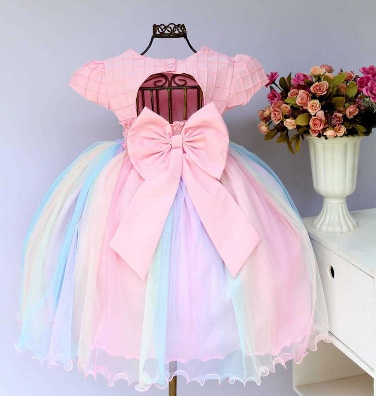 Vestido Infantil Festa Unicórnio Colorido Arco-íris E Tiara