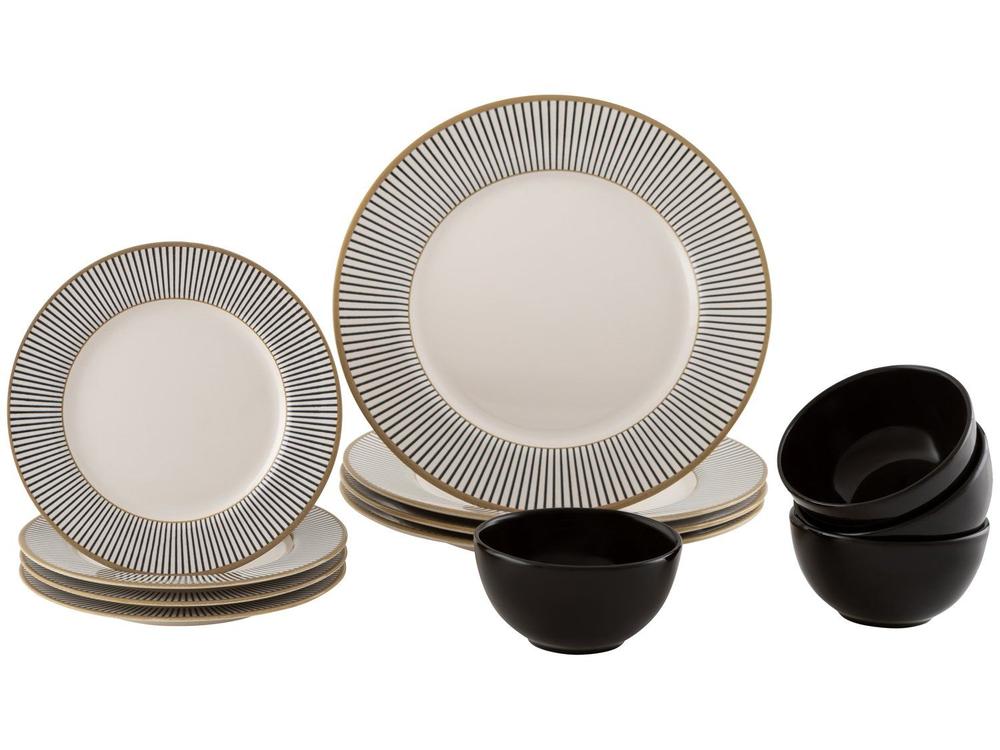 Aparelho de Jantar 12 Peças Alleanza Cerâmica Branco e Preto Redondo Ritz