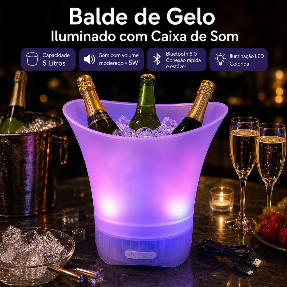 Balde De Bebidas Iluminado 5 Litros Com Som Bluetooth - Genérica
