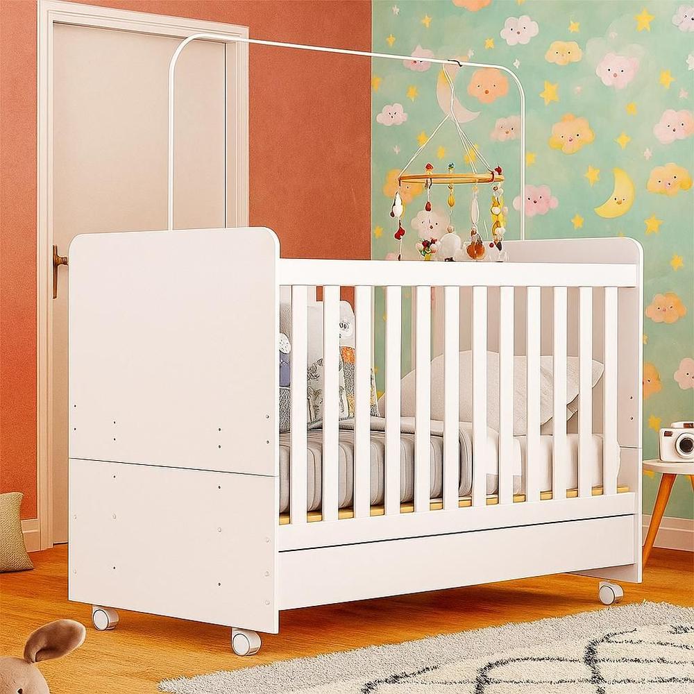 Berço Americano e mini Cama 3 em 1 com colchão incluso e rodízios com 3 ANOS de Garantia Bambino Multimóveis Branco