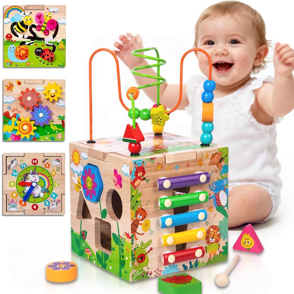 Brinquedo Educativo para Bebê Brastoy Xilofone Encaixe Engrenagens Labirinto Cubo de Atividades Interativo Infantil de Madeira