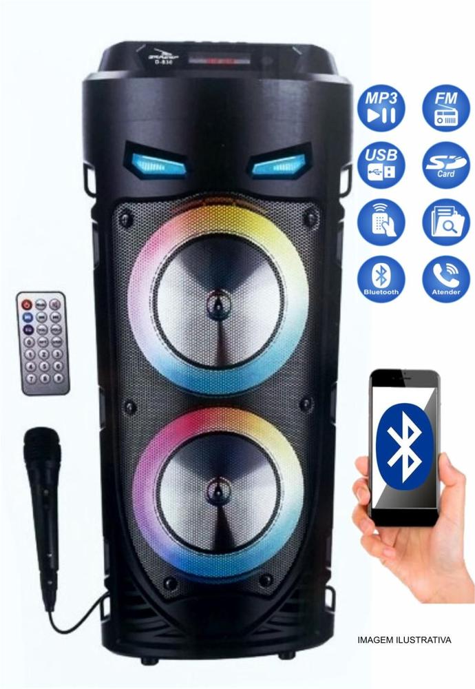 Caixa De Som Portátil Torre Bluetooth Rádio Fm Mp3 Pen Drive Usb Sd Microfone Controle Bateria Led Rgb Grasep