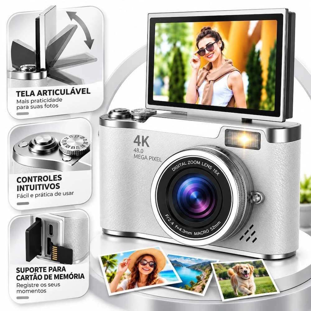 Câmera Digital 48MP com Tela Articulável para Uso Diário e Viagens Cor:Branco