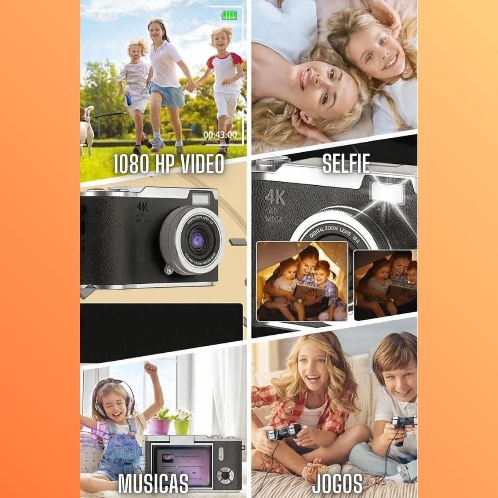 Câmera digital com zoom 4K 8x, adequada para fotografia estudantil, compacta de 48MP, tela flip selfie de 180