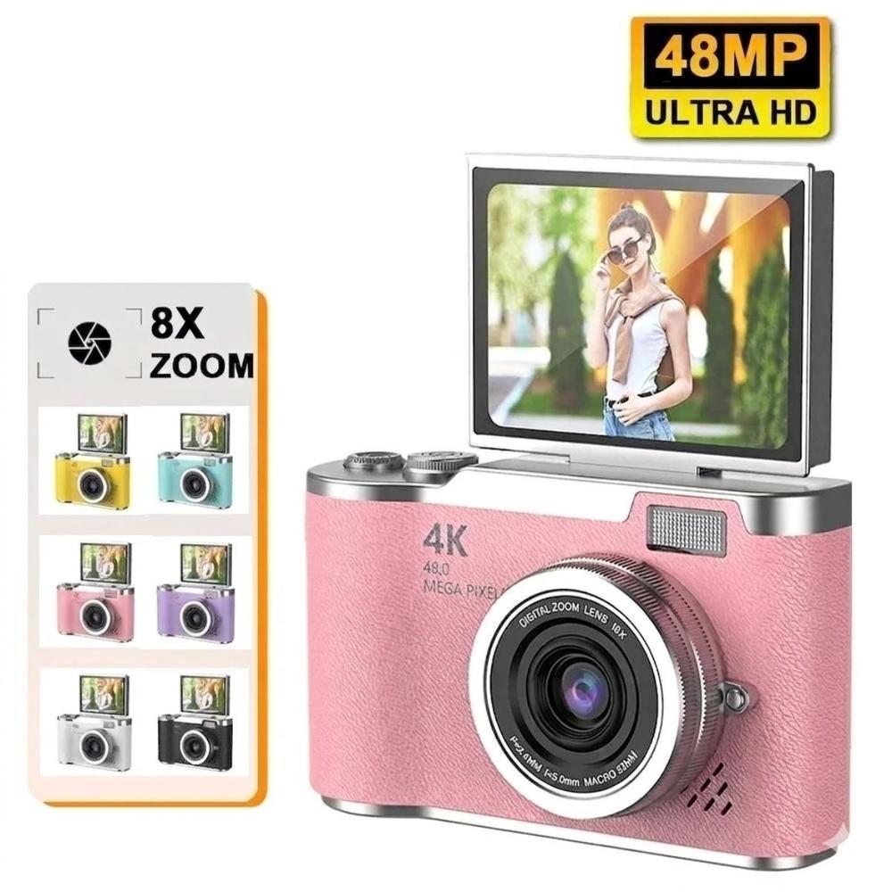 Câmera digital com zoom 4K 8x, adequada para fotografia estudantil, compacta de 48MP, tela flip selfie de 180