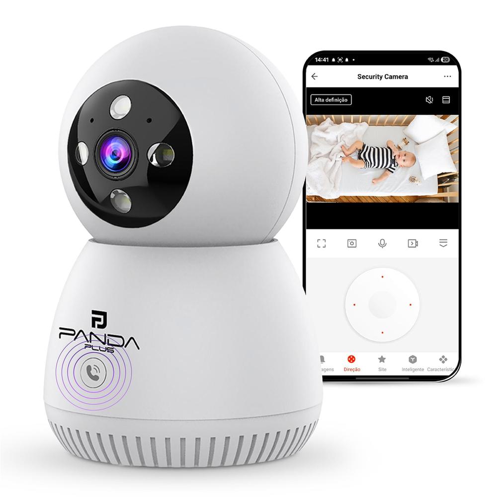 Câmera Segurança Inteligente Wifi Botão Chamada Visão Noturna Detecção Movimento Alexa Google 360HD Áudio Bi Direcional Babá Eletrônica Pet Panda Plus
